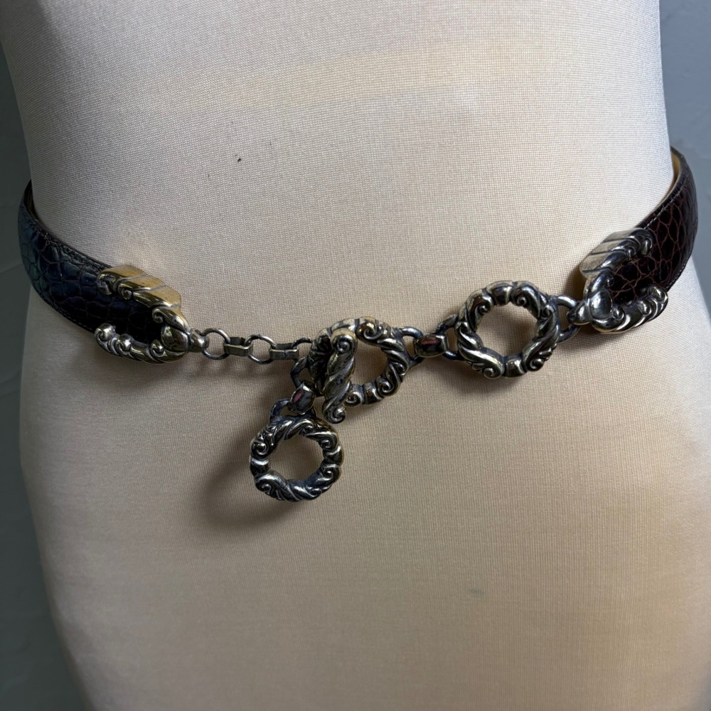 Vintage Brighton Belt Womens Small Brown Croc Embossed Leather Silver Boho